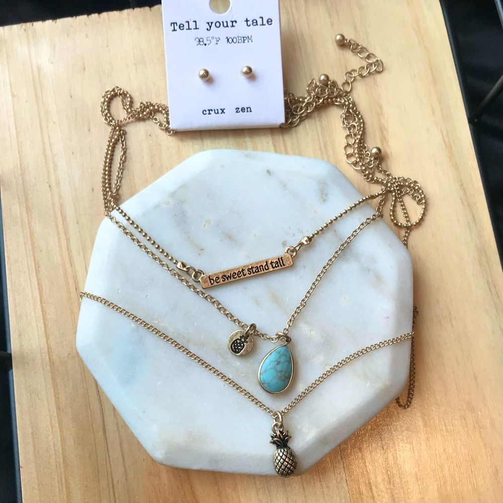 Gold Layer Necklace Pineapple Earring Set Turquoise Stone Motivational Jewelry
